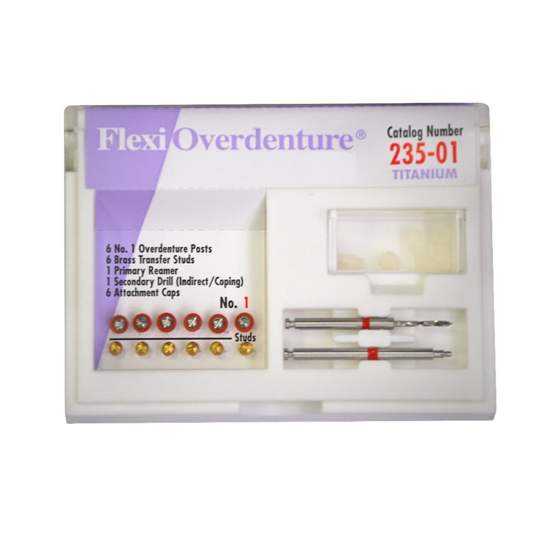Flexi-Overdenture Titanium #1 Red Refill: 6 Overdenture Posts, 6 Attachment Caps, 6 Rubber Bands