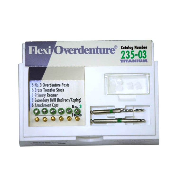 Flexi-Overdenture Titanium #3 Green Refill: 6 Overdenture Posts, 6 Attachment Caps, 6 Rubber