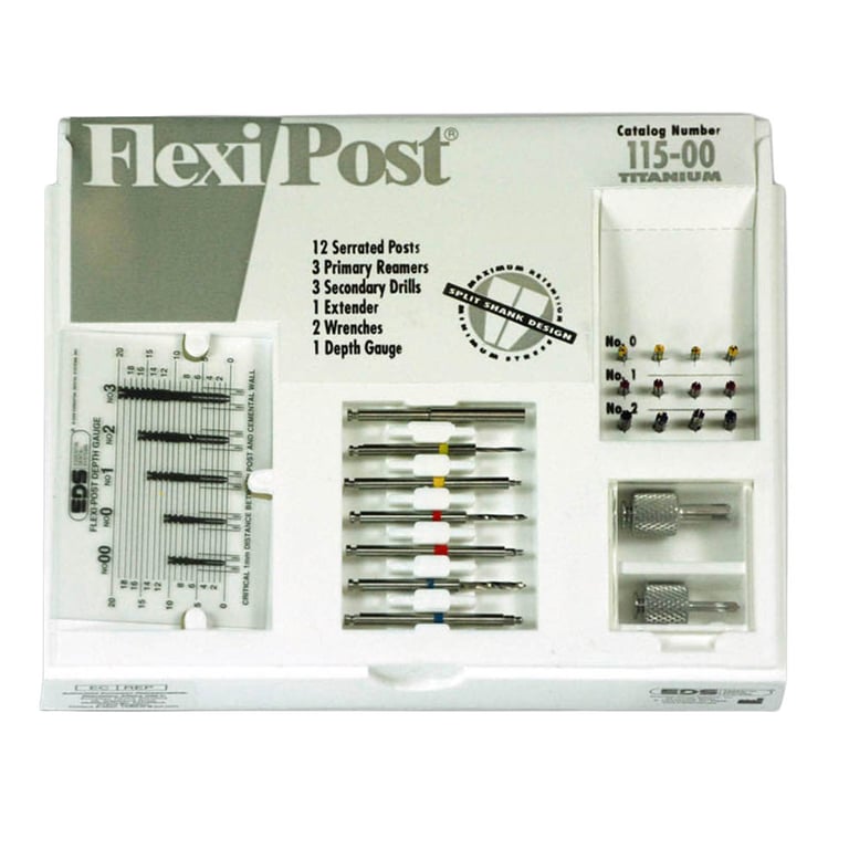 Flexi-Post size yellow #0, red #1, and blue #2 titanium Introductory Kit: 12 titanium serrated