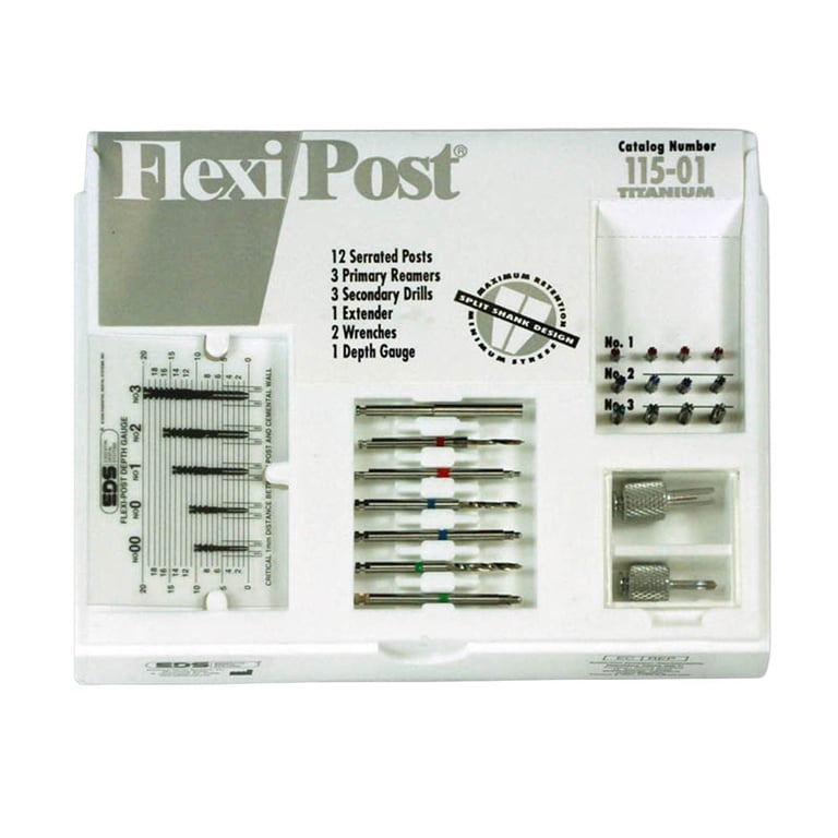 Flexi-Post size red #1, blue #2, and green #3 titanium Introductory Kit: 12 titanium serrated