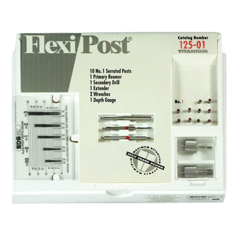 Flexi-Post red #1 titanium post standard kit, containing 10 titanium posts, 1 primary reamer, 1