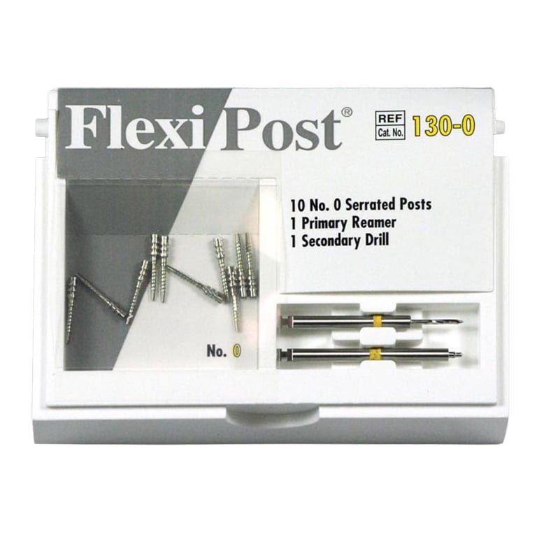 Flexi-Post yellow #0 stainless steel post refill, containing 10 serrated posts, 1 primary reamer