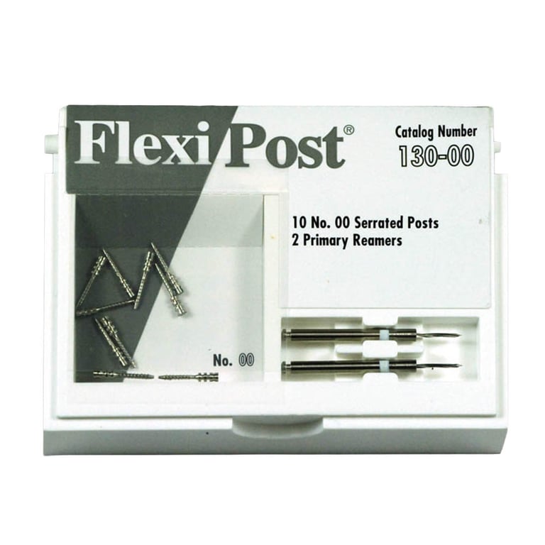 Flexi-Post white #00 stainless steel post refill, containing 10 serrated posts and 2 primary