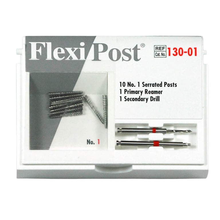 Flexi-Post red #1 stainless steel post refill, containing 10 serrated posts, 1 primary reamer