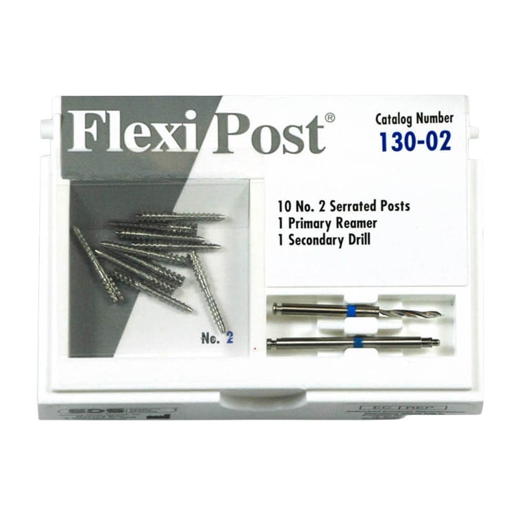 Flexi-Post blue #2 stainless steel post refill, containing 10 serrated posts, 1 primary reamer