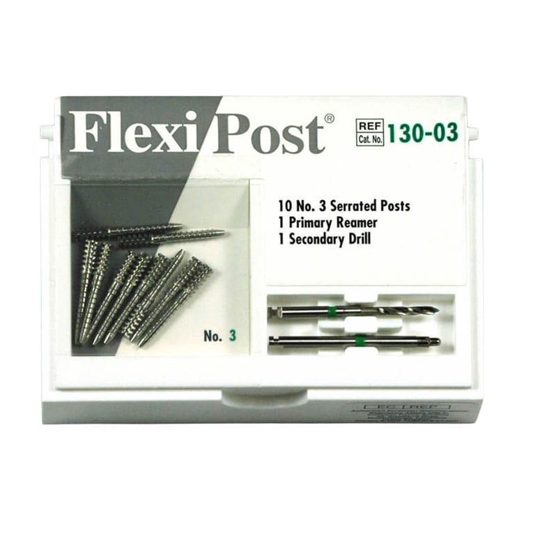 Flexi-Post green #3 stainless steel post refill, containing 10 serrated posts, 1 primary reamer