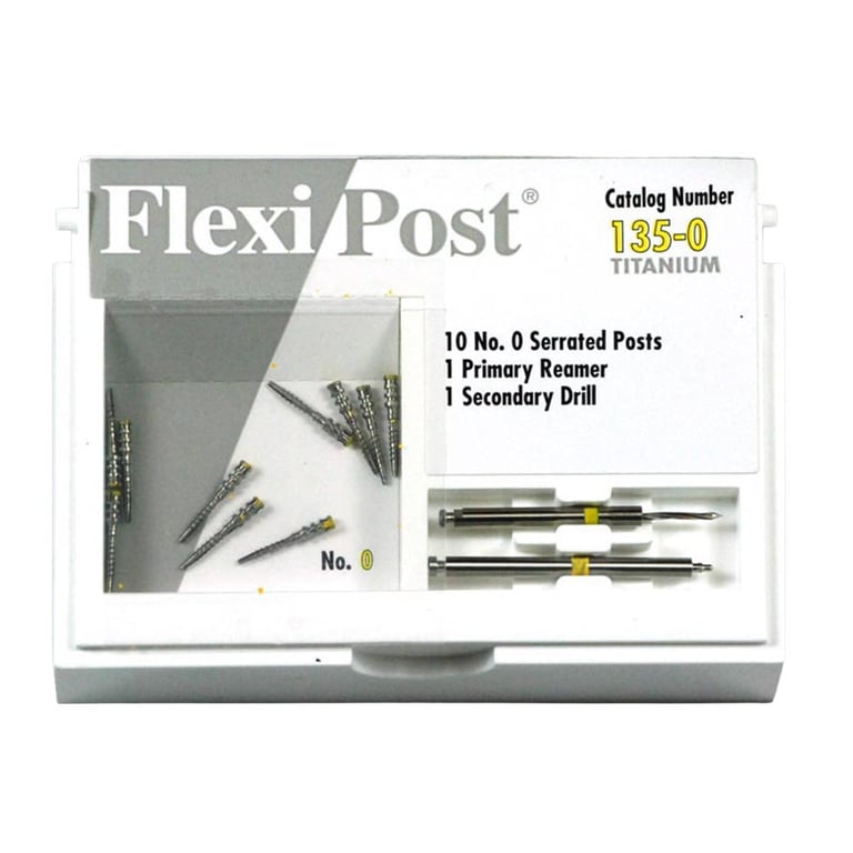 Flexi-Post yellow #0 titanium post refill, containing 10 titanium posts, 1 primary reamer and 1