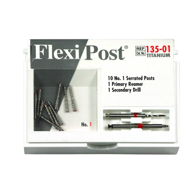 Flexi-Post red #1 titanium post refill, containing 10 titanium posts, 1 primary reamer and 1