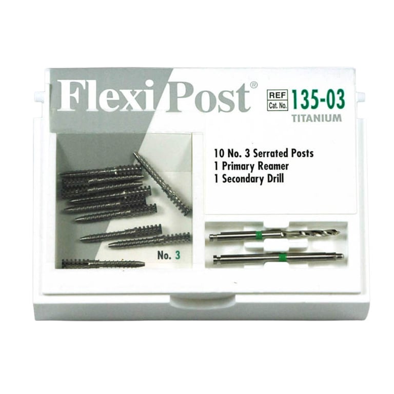 Flexi-Post green #3 titanium post refill, containing 10 titanium posts, 1 primary reamer and 1