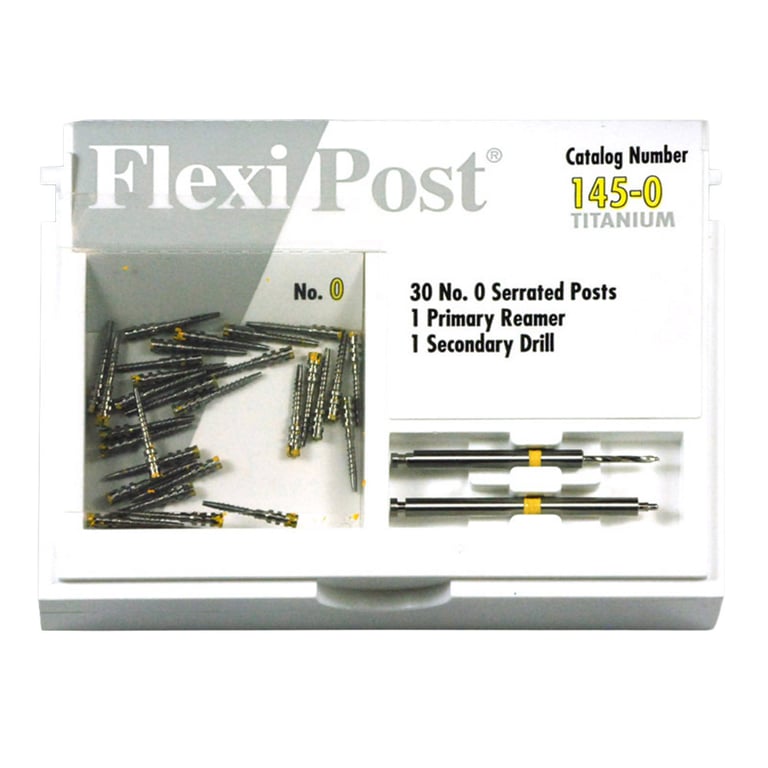 Flexi-Post yellow #0 titanium post economy refill, containing 30 serrated posts, 1 primary reamer