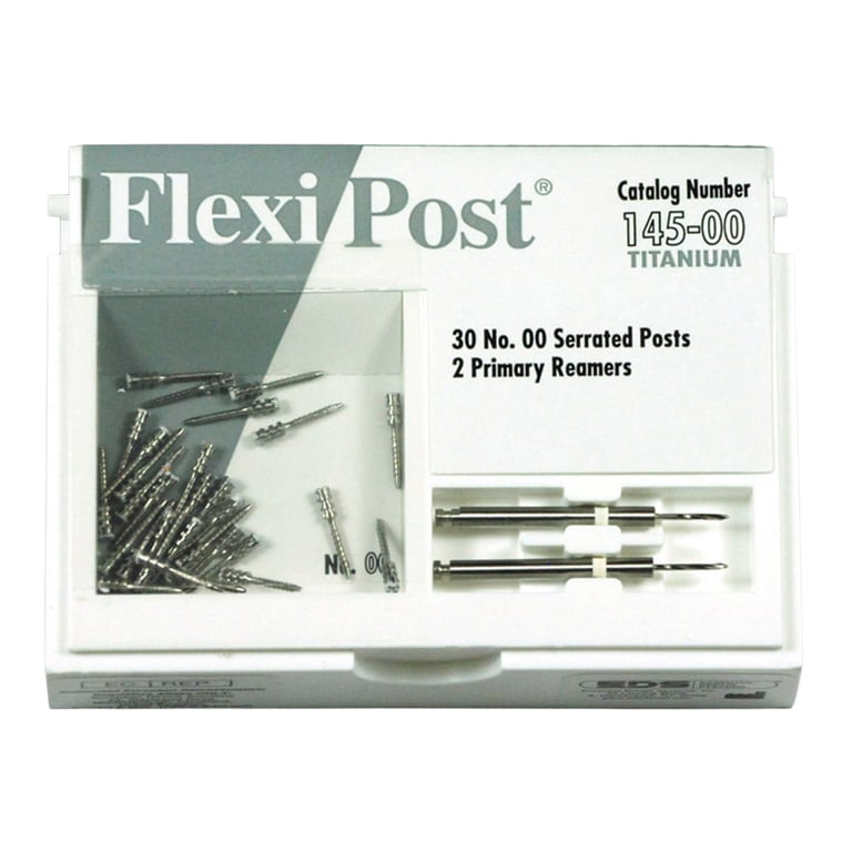 Flexi-Post white #00 titanium post economy refill, containing 30 serrated posts and 2 primary