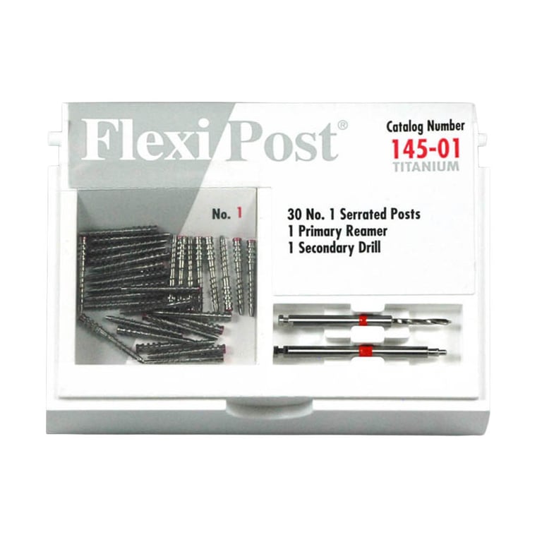 Flexi-Post red #1 titanium post economy refill, containing 30 serrated posts, 1 primary reamer