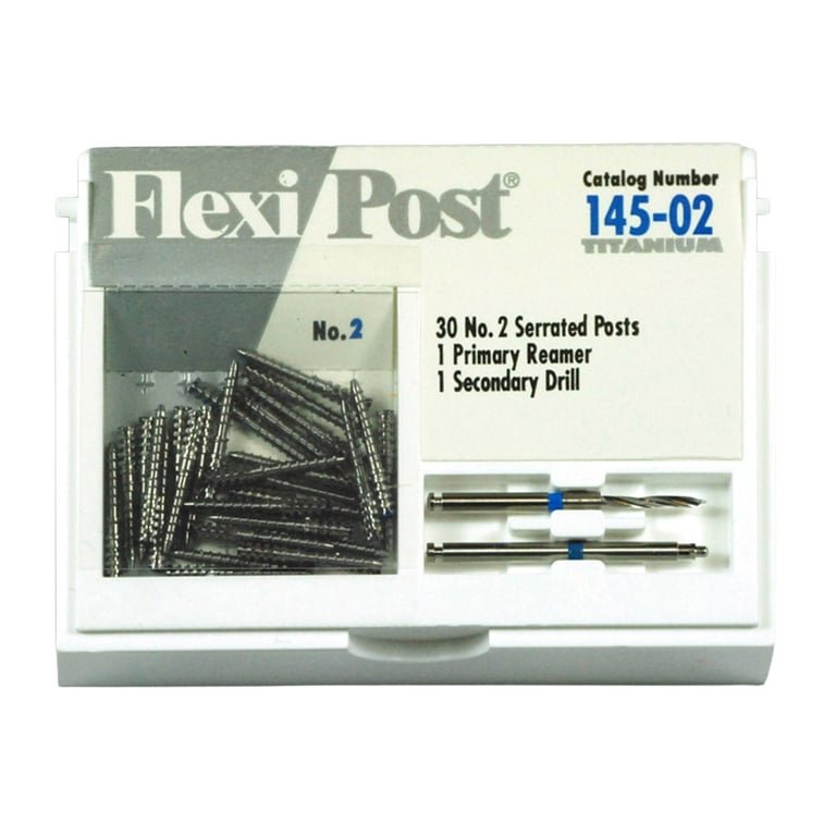 Flexi-Post blue #2 titanium post economy refill, containing 30 serrated posts, 1 primary reamer