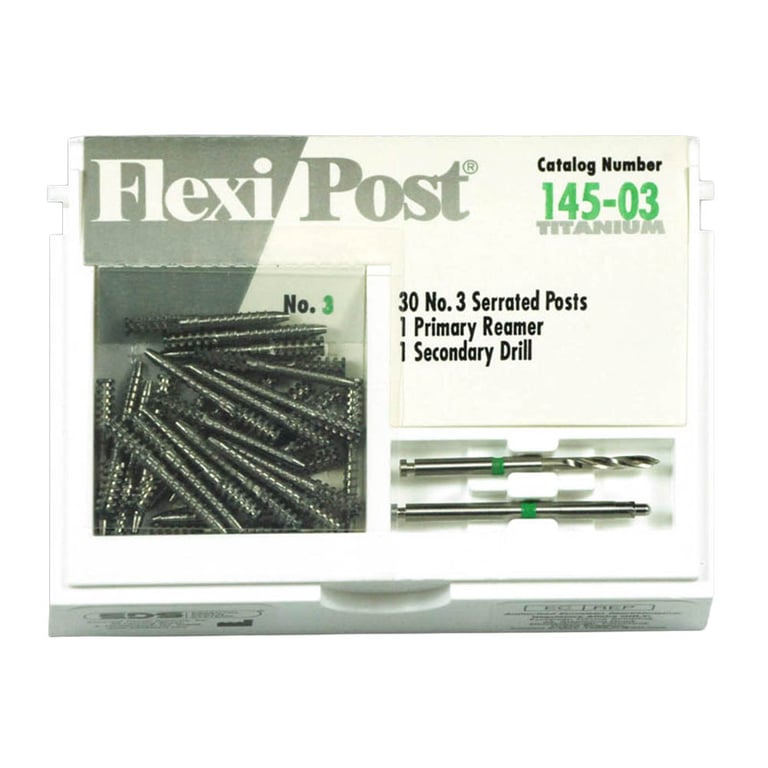Flexi-Post green #3 titanium post economy refill, containing 30 serrated posts, 1 primary reamer