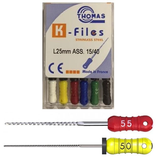 Thomas K-Files 25mm #20 6/Box. Stainless Steel. Blade grinded with a square section then twisted
