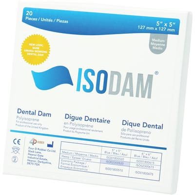 IsoDam 5" x 5" Medium Blue Latex Free Dental Dam, Package of 20
