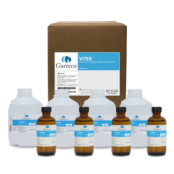 Vitex Investment Material 50Lb Kit. Includes: 1 x 50lb Investment Sand, 4 x 28oz "A" Liquid, and 4