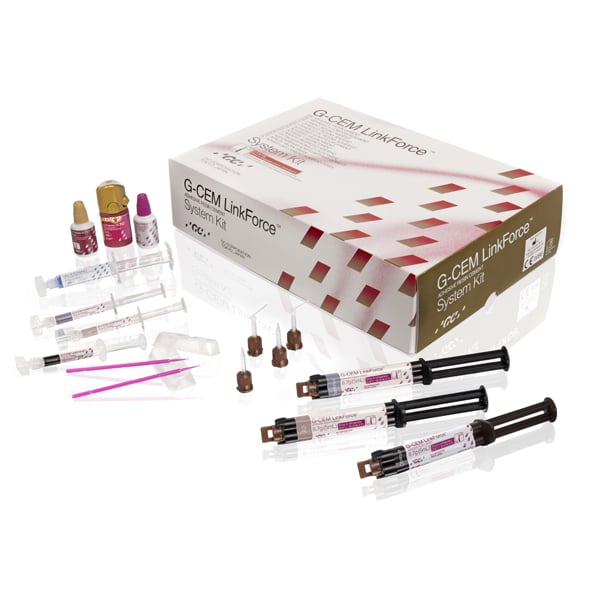 G-Cem LinkForce System Kit, Dual-cure adhesive resin cement. Contains: 3 x 8.7 g cement syringes