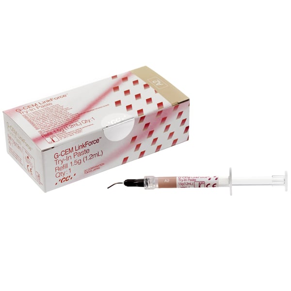 G-Cem LinkForce Try-In Paste - A2, Self-Adhesive Resin Cement. 1 x 1.5 g syringe, 3 metal
