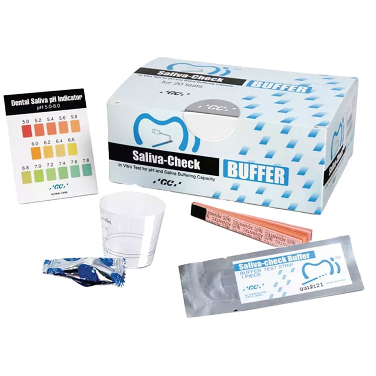 GC America Saliva Check Buffer Kit. Contains: 20 in-vitro pH test strips(pH 5.0 - 8.0), 20 saliva