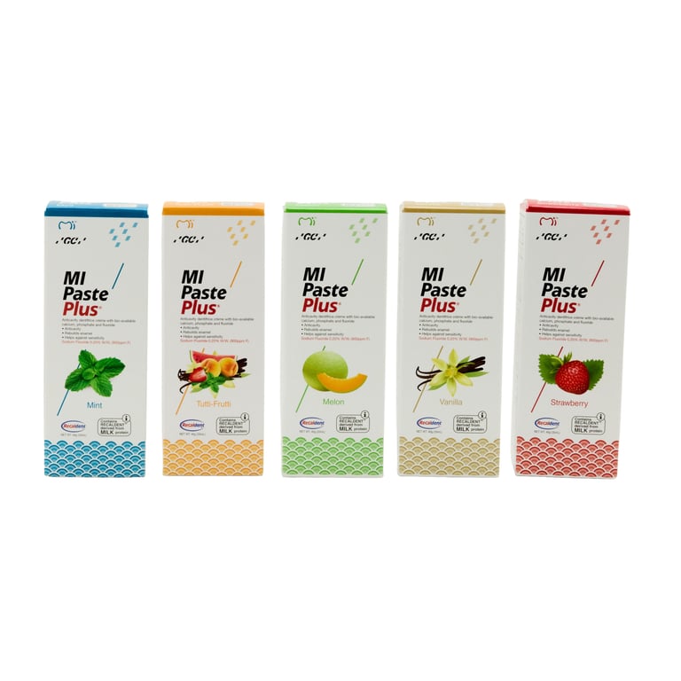 MI Paste Plus Assortment Pack 10/Pk. Topical Tooth Cream contains RECALDENT (CPP-ACP) that binds