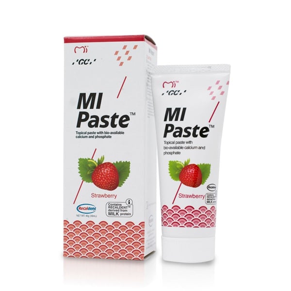 MI Paste Strawberry 1 x 40g Tube. Topical Tooth Cream contains RECALDENT (CPP-ACP) that binds