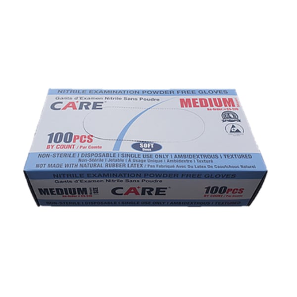 Care Soft Nitrile Exam Gloves - Blue Medium 100/Box. Powder Free, Non-Sterile, textured