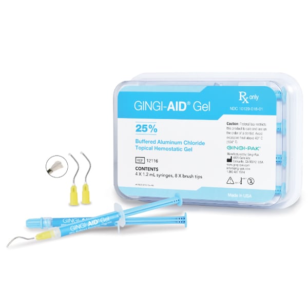 Gingi-Aid 25% Buffered Aluminum Chloride Topical Hemostatic Gel, 1.2 ml Syringe Kit. Contains: 4 x
