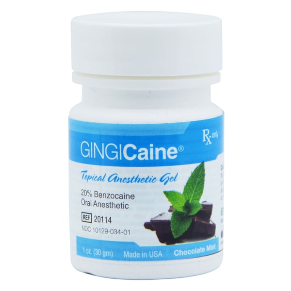 Gingicaine Chocolate Mint flavored topical anesthetic (Benzocaine 20%) gel, 1 ounce jar of gel