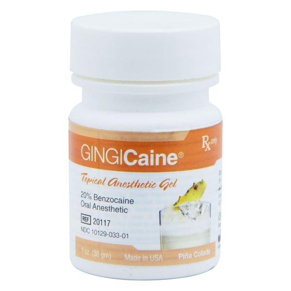 Gingicaine Pina Colada flavored topical anesthetic (Benzocaine 20%) gel, 1 ounce jar of gel