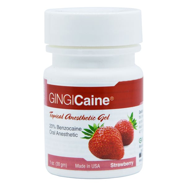 Gingicaine Strawberry flavored topical anesthetic (Benzocaine 20%) gel, 1 ounce jar of gel