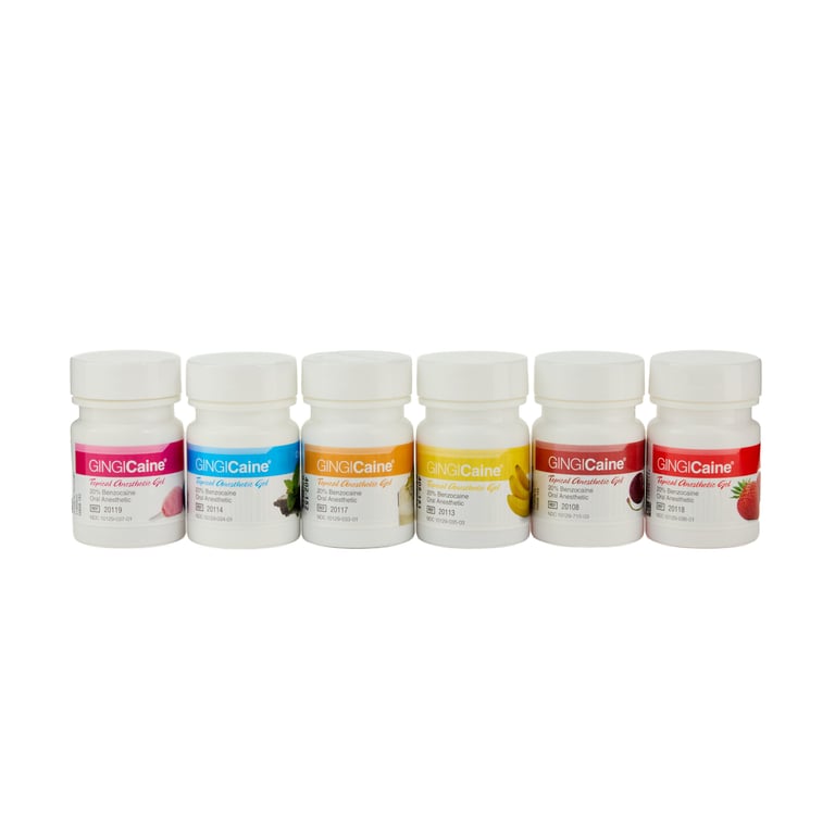 Gingicaine 20% Benzocaine Topical Anesthetic Gel, Asst. Flavors, 1 oz. Jars, 6/Box. One of each
