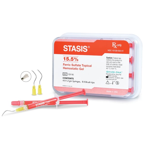 Stasis 15.5% Ferric Sulfate Topical Hemostatic Gel, 1.2gm Syringe Kit. Contains: 4 x 1.2 ml