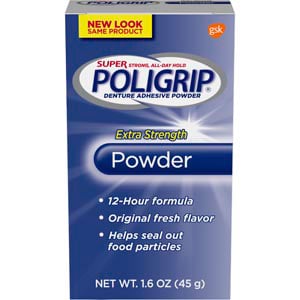 Poligrip Super Denture Adhesive Powder, Extra Strength, 24 - 1.6 oz Bottles. No artificial colors