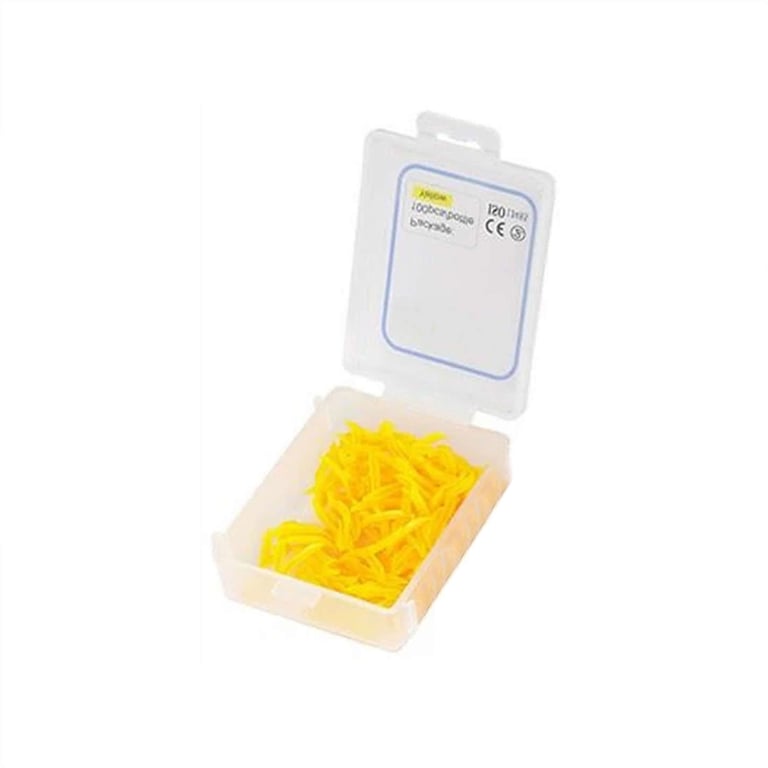 GooDent Plastic Wedge with Hole, Medium, Yellow, 100/Pk. 17.8 x 2.45 mm. Round tip. Round edge