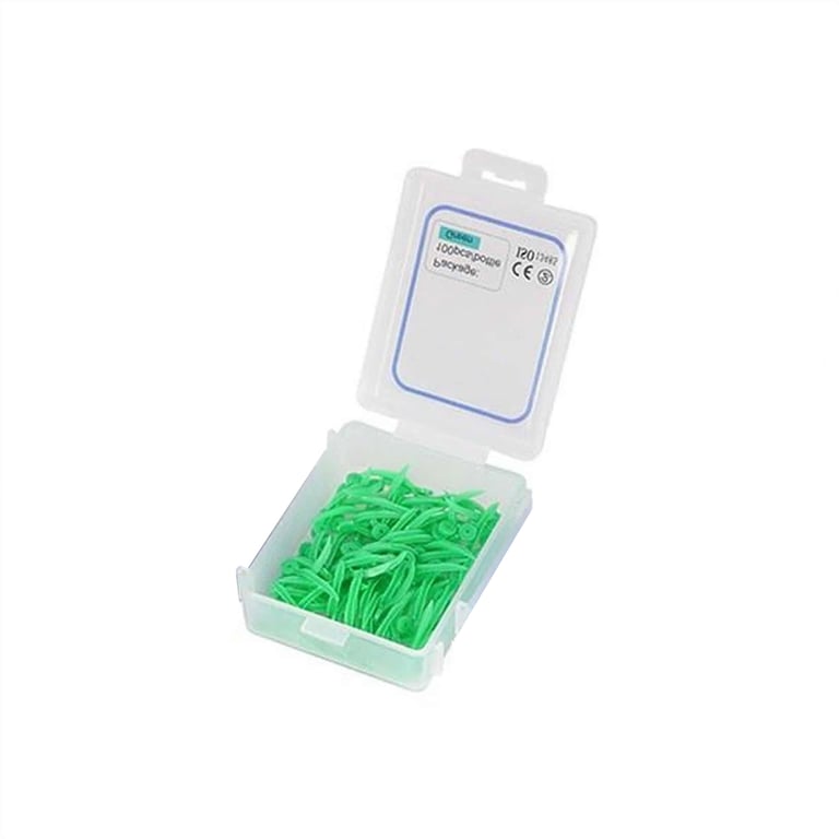 GooDent Plastic Wedge with Hole, Small, Green, 100/Pk. 17.8 x 2.1 mm. Round tip. Round edge