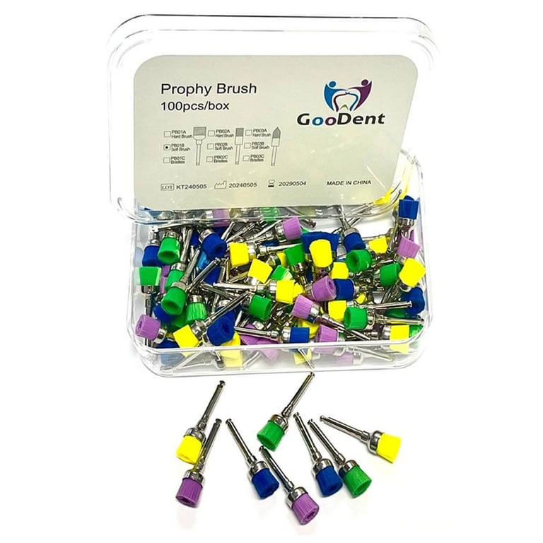 GooDent Prophy Brushes, Cup-shaped, Soft Nylon, Assorted Colors, 100/Box. Shank length: 22.8 mm