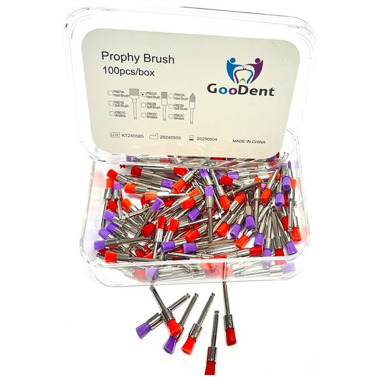 GooDent Prophy Brushes, Flat-shaped, Hard Nylon, Assorted Colors, 100/Box. Shank length: 21.6 mm