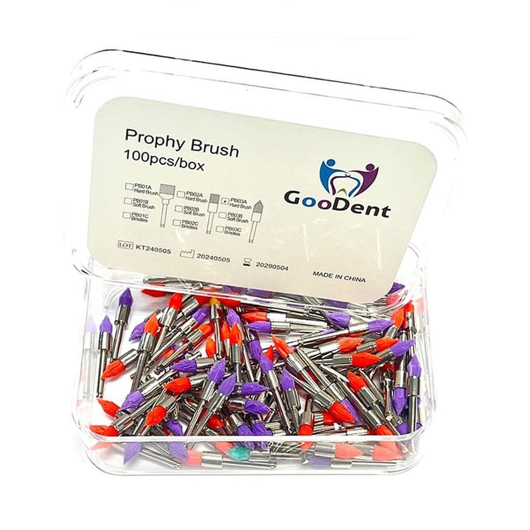 GooDent Prophy Brushes, Tapered-shaped, Hard Nylon, Assorted Colors, 100/Box. Shank length: 21.6