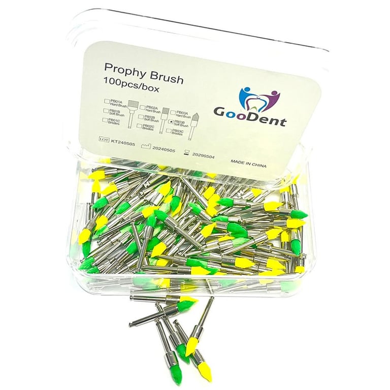 GooDent Prophy Brushes, Tapered-shaped, Soft Nylon, Assorted Colors, 100/Box. Shank length: 21.6