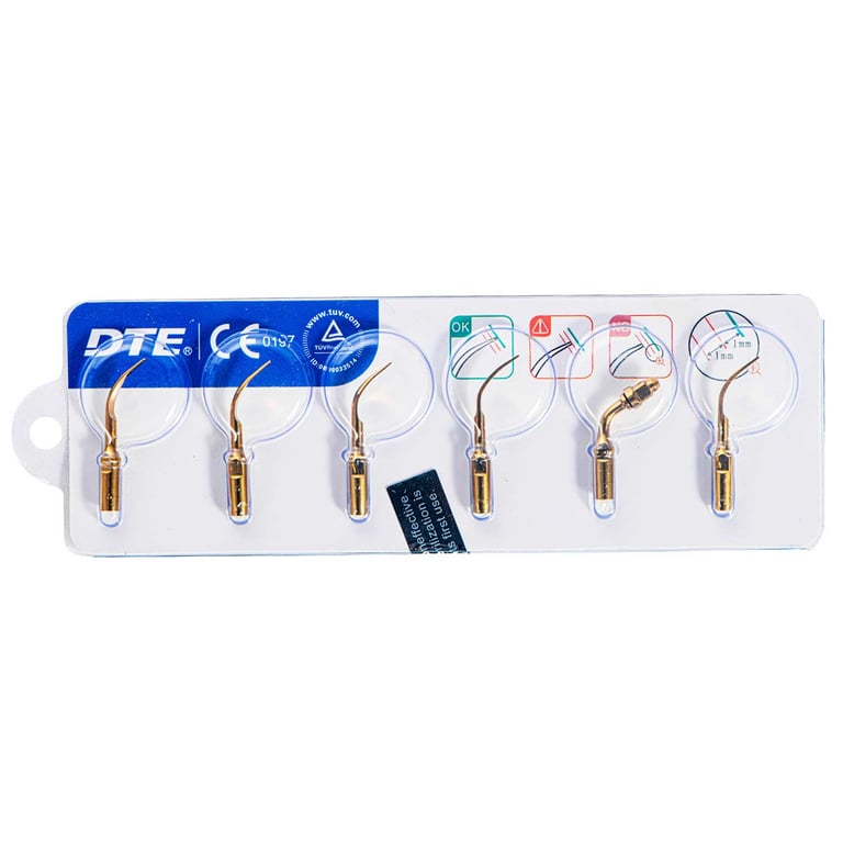 DTE Ultrasonic Scaler Gold Tips Assorted - 6/Pk. Includes: 1 x Perio scaling tip (PD1T), 4 x
