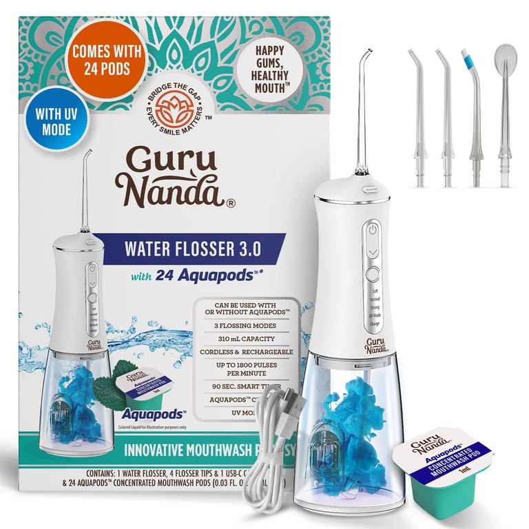 GuruNanda Adult Water Flosser 3.0 with UV & 24 Aquapods, 12/Case. Includes: 4 flosser tips and 1