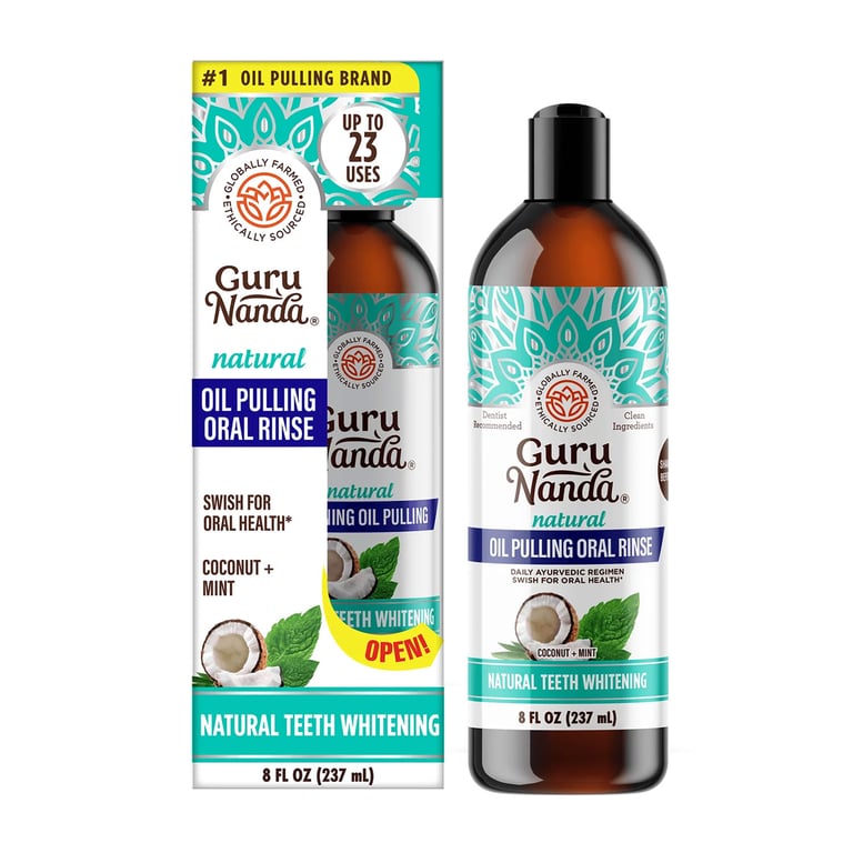 GuruNanda Coconut Mint Pulling Oil Oral Rinse with +7 Essential Oils & Vitamins, 8 Oz. Bottle