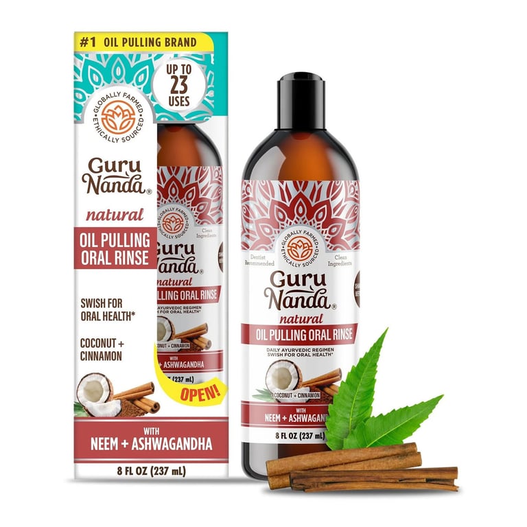 GuruNanda Coconut Cinnamon, Neem & Ashwagandha Oil Pulling Oral Rinse, 8 Oz. Bottle, 12/Case