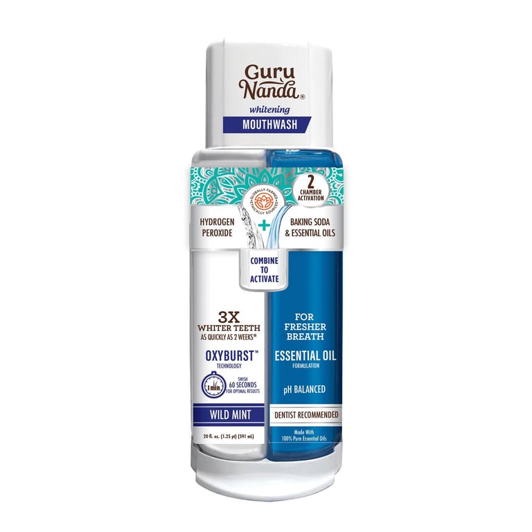 GuruNanda Dual Chamber Oxyburst Whitening Mouthwash, 20 Oz. Bottle, 12/Case. Features a blend