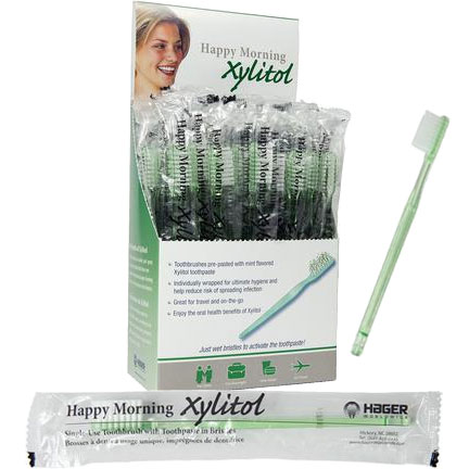 Happy Morning Xylitol Disposable Toothbrushes Impregnated with Mint Xylitol Toothpaste, 50/Box