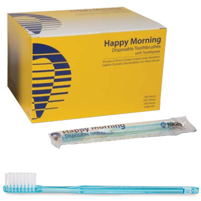 Happy Morning Single-Use Toothbrush with Mint Toothpaste, 100/Bx. Each brush is hygienically