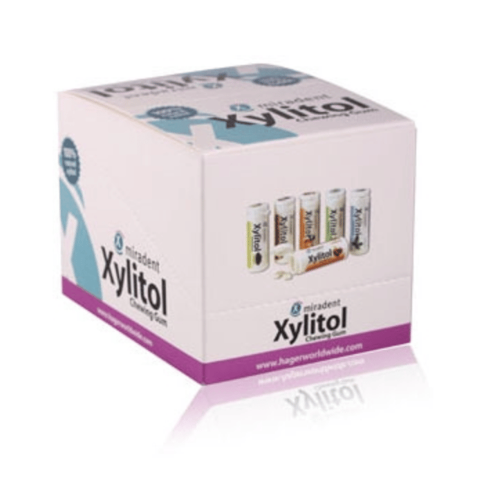 Miradent Fresh Fruit XYLITOL chewing gum, 30 pieces per tube, box of 12 vial tubes