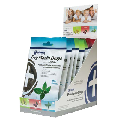 Miradent XYLITOL Dry Mouth Drops, mint flavor, display box of 12 pouches with 26 pieces/pouch
