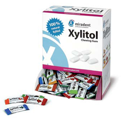 Miradent Assorted flavor XYLITOL chewing gum samples in dispenser box. Flavors include Peppermint